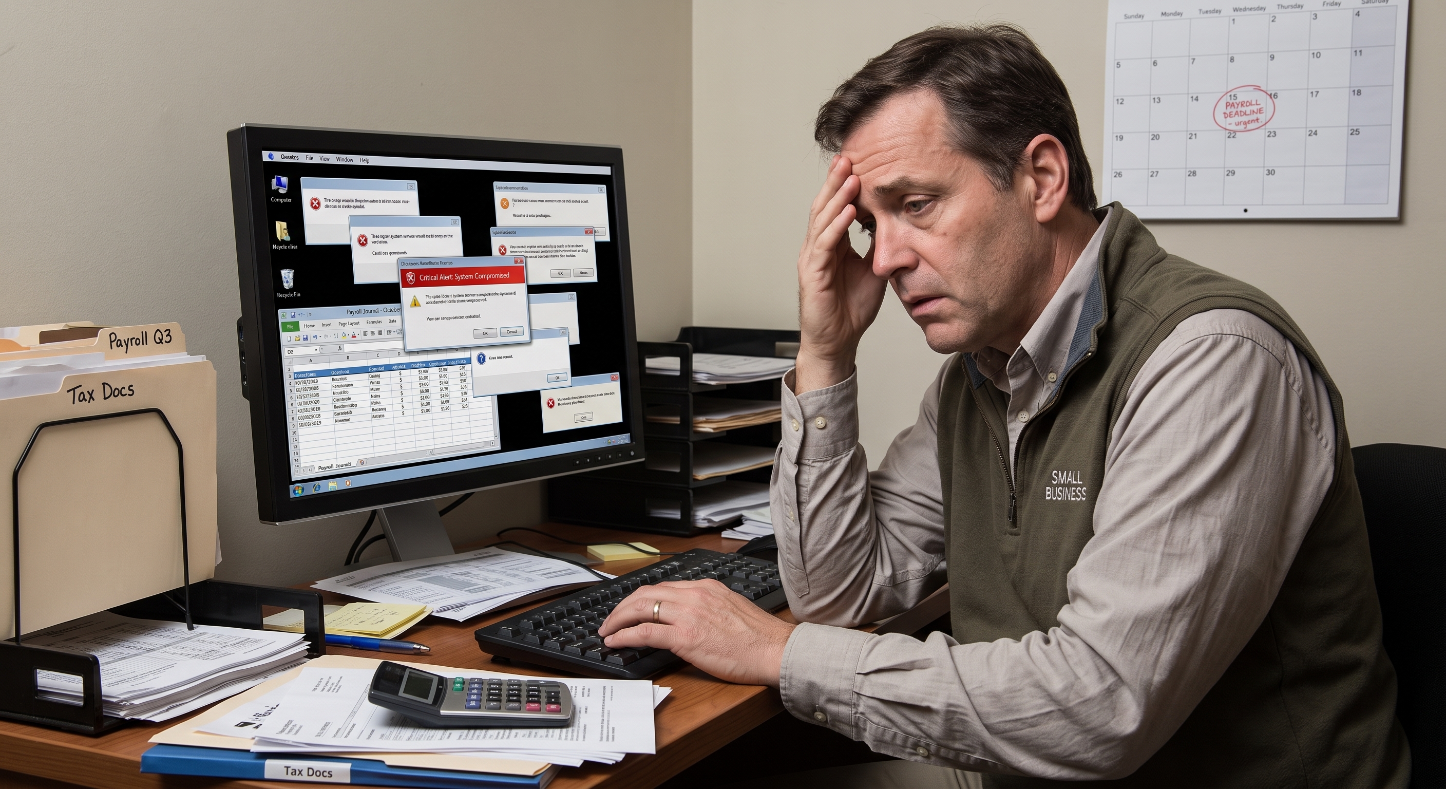 Stressed small business owner dealing with a computer virus during payroll